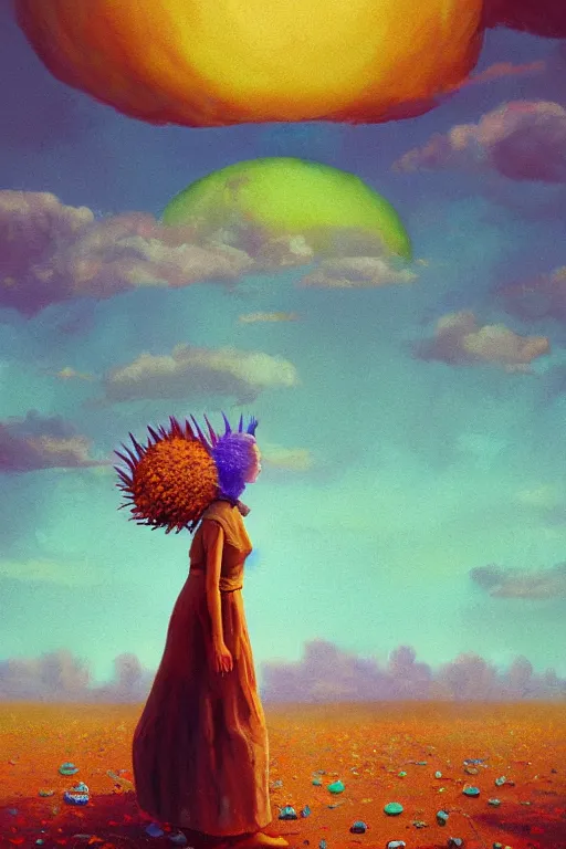 Image similar to giant corn flower head, girl walking on the moon, surreal photography, sunrise, dramatic light, impressionist painting, colorful clouds, digital painting, artstation, simon stalenhag