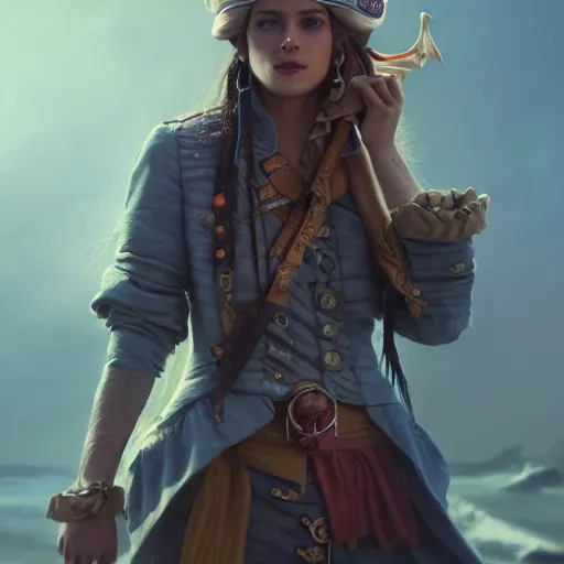 Image similar to detailed full body concept pastel painting of a female pirate in beautifully designed clothing, cinematic lighting, hyperdetailed, cgsociety, 8k, high resolution, Tom Richmond, single face, insanely detailed and intricate, octane render, golden ratio, vfx, postprocessing, freckles, alluring