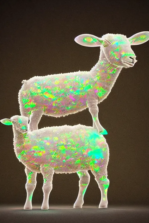 Image similar to a crystalline 3 d mandelbulb fractal in the shape of a lamb, bioluminescent opal, fractal, magnificent lighting, ethereal, ray tracing, octane, holographic, portrait