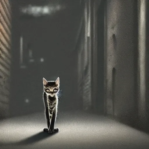 Image similar to skinny emaciated starving kitten in a dark dank alleyway, dramatic lighting, cinematic, establishing shot, extremely high detail, foto realistic, cinematic lighting, post processed, concept art, high details, cinematic, 8k resolution, beautiful detailed, photorealistic, digital painting, artstation, concept art, smooth, sharp focus, artstation trending, octane render, unreal engine