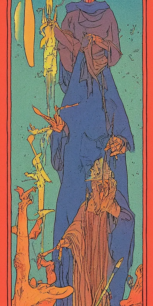 Image similar to the tarot card of the magician painted by moebius.