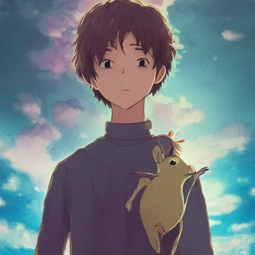 Prompt: friendly guy and small creature , with Fragile looking character portrait face made by Studio Ghibli highly detailed art, beautiful scene, sharp focus, smooth, 8k, anime art, wild, dark, fantasy, peaceful, colorful, detailed creature