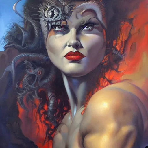 Image similar to detailed portrait of satan if he never fell from heaven lived intricate, hyper detailed, realistic, oil painting, by julie bell, frank frazetta, cinematic lighting