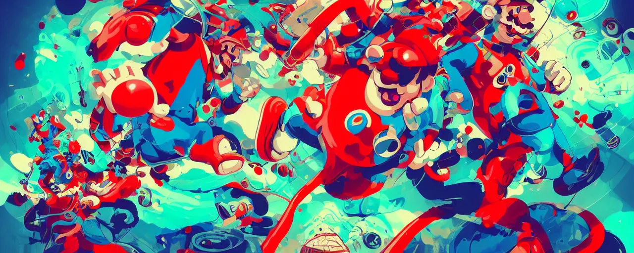 Image similar to duotone red blue green illustration super mario as real human having psychedelic trip on mushrooms shamanic atmosphere machground with chemical molecules structures. hypnotic fractals. by sachin teng and sergey kolesov and ruan jia and heng z. graffiti art, scifi, fantasy, hyper detailed. octane render. concept art. trending on artstation