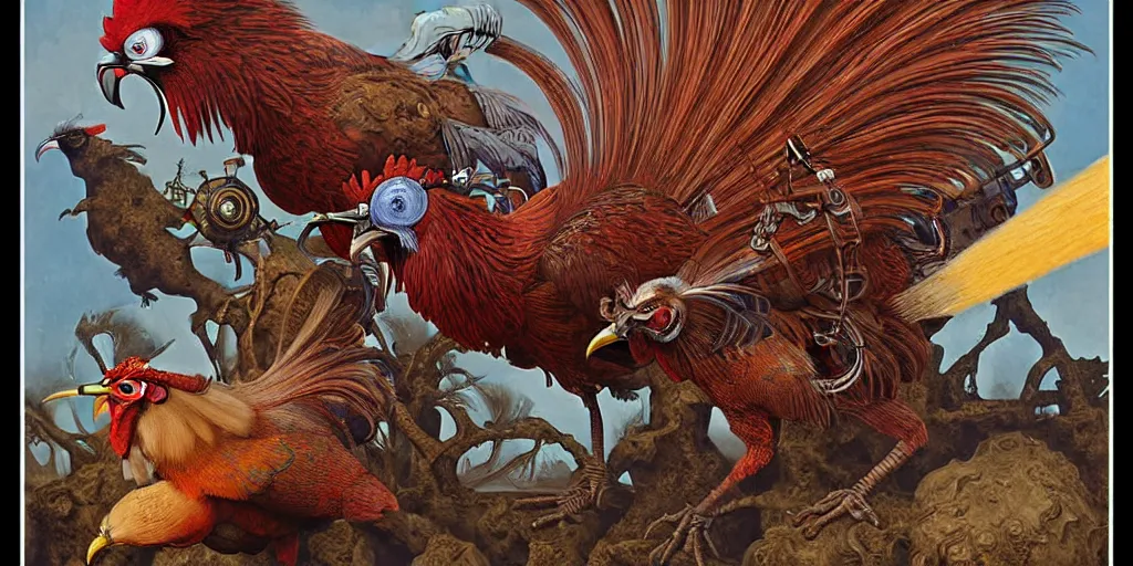 Image similar to digital painting of angry mechanical roosters fighting, by wayne barlowe and bob pepper and karl wilhelm de hamilton, dieselpunk, steampunk, highly detailed, intricate, sharp focus, portrait, talons, anatomy, beak, wings