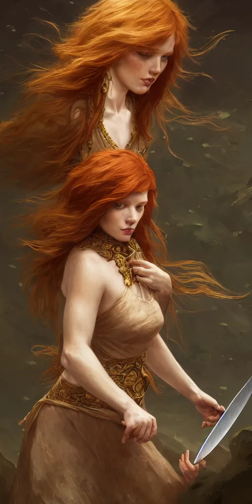 Image similar to ginger girl with problems dringing in an ancien taver and playing with a knife, magic the gathering, ancient, sand, emerald, intricate, highly detailed, digital painting, artstation, concept art, smooth, sharp focus, illustration, Unreal Engine 5, 8K, art by artgerm and greg rutkowski and alphonse mucha