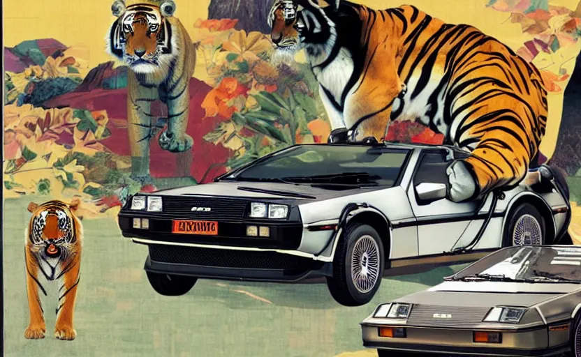 Image similar to a delorean and a tiger, colourful magazine collage, art by hsiao - ron cheng and utagawa kunisada, # e 5 3 7 1 b, # e 4 e 6 2 0, # de 9 5 f 0