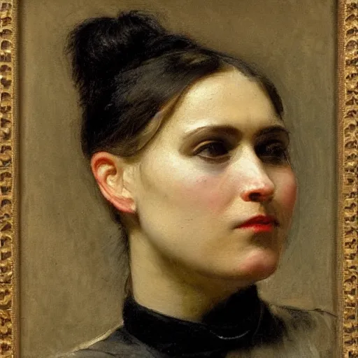 Image similar to frontal portrait of a woman with a choker and black makeup, by thomas eakins