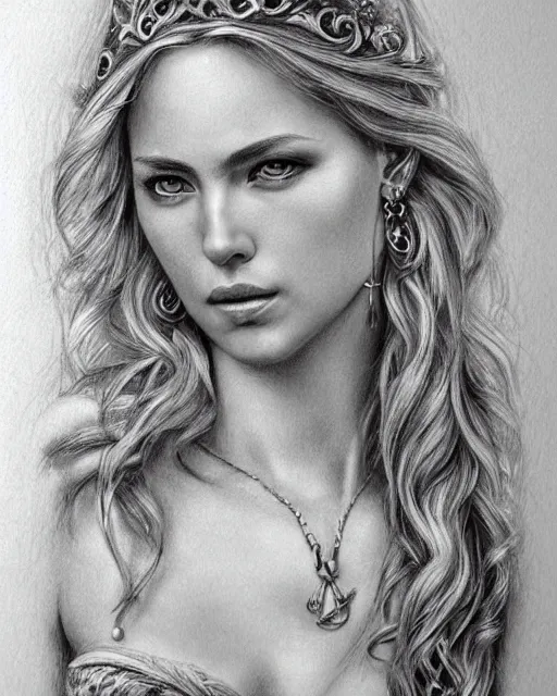 Image similar to pencil drawing of a beautiful greek goddess aphrodite with arrowhead earrings, beautiful piercing eyes, beautiful blonde hair, hyper realistic face, in the style of greg rutkowski, fantasy, amazing detail, epic, elegant, smooth, sharp focus, from the front