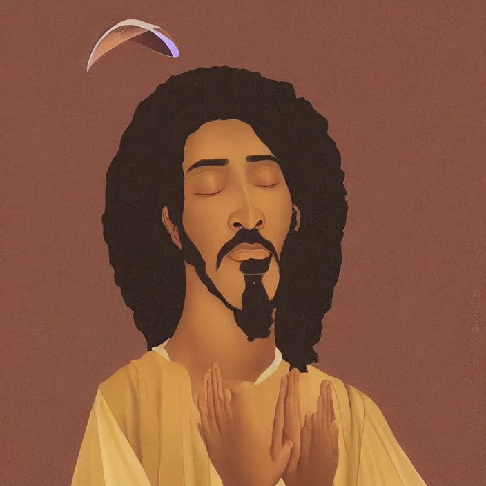 Image similar to a hovering UFO over an African Jesus ,painting by Hsiao-Ron Cheng,