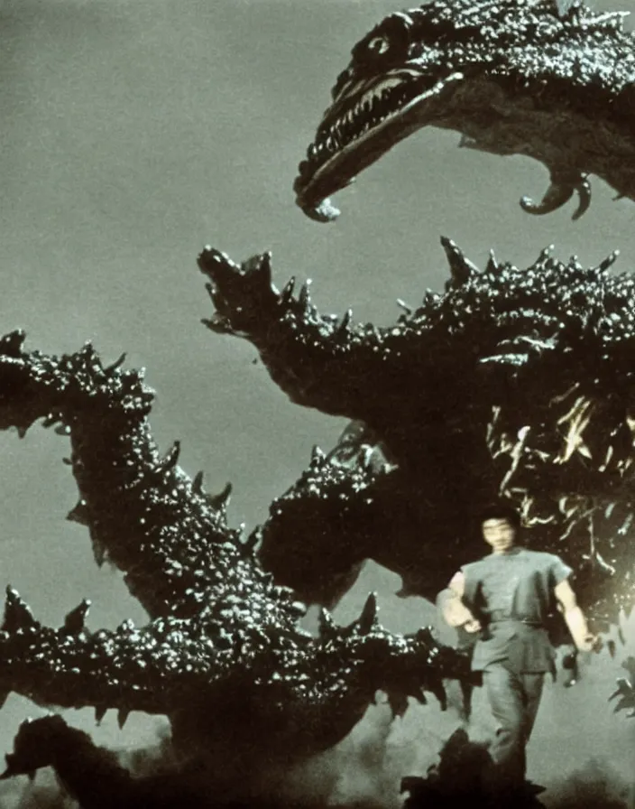 Image similar to a filmstill of a north korean monster movie, kaiju - eiga monster with starfish - arms trampling a traditional korean palace, foggy, film noir, epic battle, etheral, explosions, communist propaganda, communist epic thriller produced by kim jong - il, cinematography by akira kurosawa and tim burton, video compression