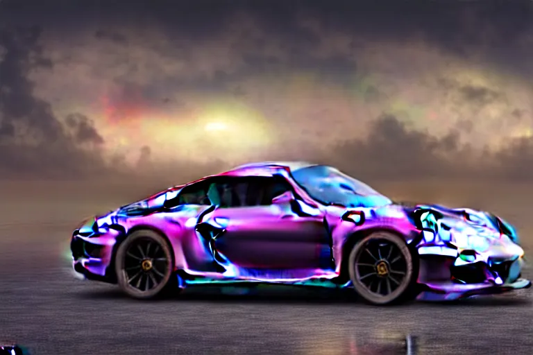 Image similar to iridescent Porsche 911, macro photography, by Thomas Kincade, Richard Sigamani, 8k photorealistic, HD, high details, concept art, trending on artstation