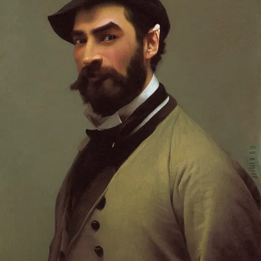 Prompt: detailed portrait painting of a green-skinned gentleman orc wearing brown tuxedo by William-Adolphe Bouguereau