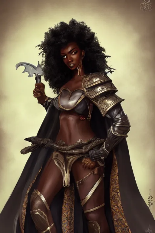 Prompt: beautiful assassin african girl with a huge afro. wearing cloak, holding dagger, tight leather armor, artgerm, trending on artstation, d & d character concept art, inspired by brom, bokeh