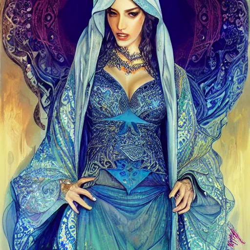 Image similar to a beautiful arabian woman wearing a kaftan by karol bak, ayami kojima, artgerm, arabian beauty, blue eyes, smile, concept art, fantasy