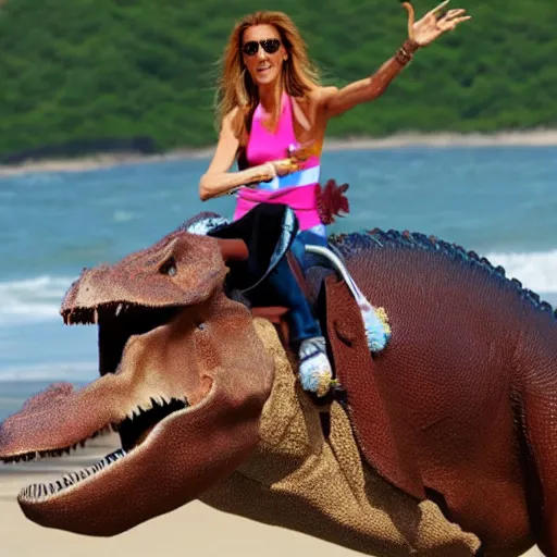 Image similar to celine dion riding a dinosaur at the beach