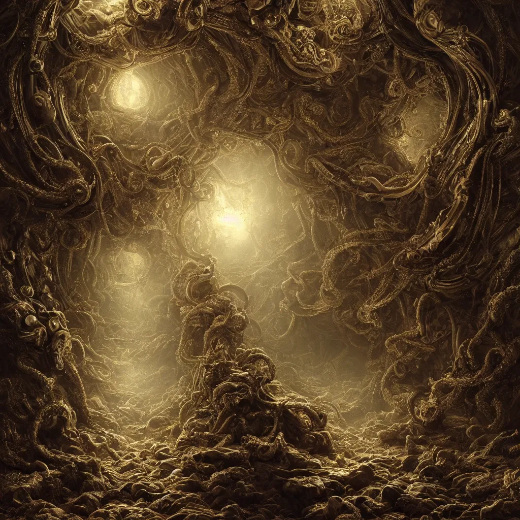 Prompt: symbolism, chaos , consciousness, illusion , beautiful, organism, divine, static, fluid , breathe, void , abyss , cinematic lighting , cinematic mood, very detailed, 8k, high resolution, photorealism, wide angle, cinematic atmosphere, elaborate, highly detailed, ornate, shiny, dramatic lighting, realistic,octane render, by Gustave Doré,