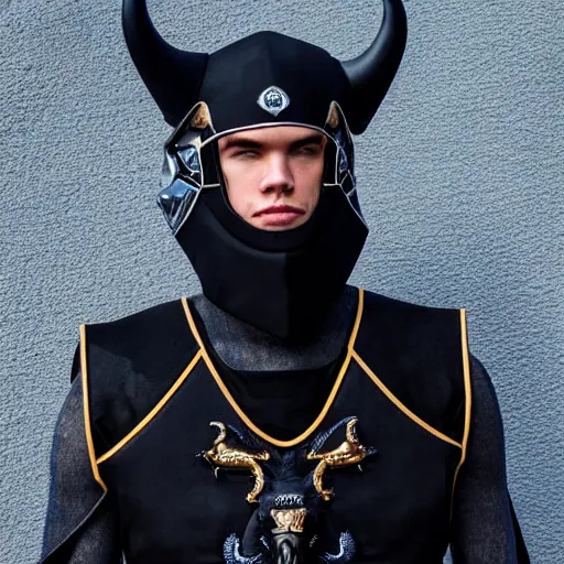 Image similar to medium face shot of adult Austin Butler dressed in futuristic-tudoresque black-prussian blue garb with embroidered Rams head emblem, and nanocarbon-vest, in an arena in Dune 2021, XF IQ4, f/1.4, ISO 200, 1/160s, 8K, face in-frame