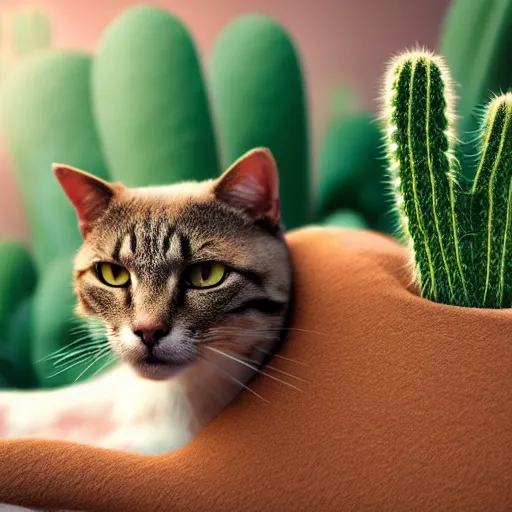 Image similar to A cat with a cactus, hyperrealistic 8K atmospheric render, very detailed