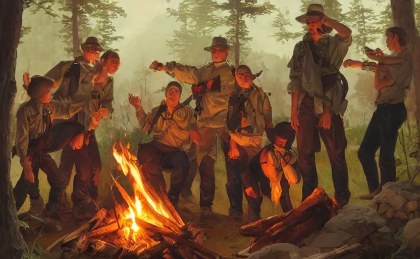 Image similar to A group of Scouts singing songs around a campfire by a lake, trending on artstation, 8k, highly detailed, warm lighting, concept art, illustration, art by artgerm and greg rutkowski and alphonse mucha