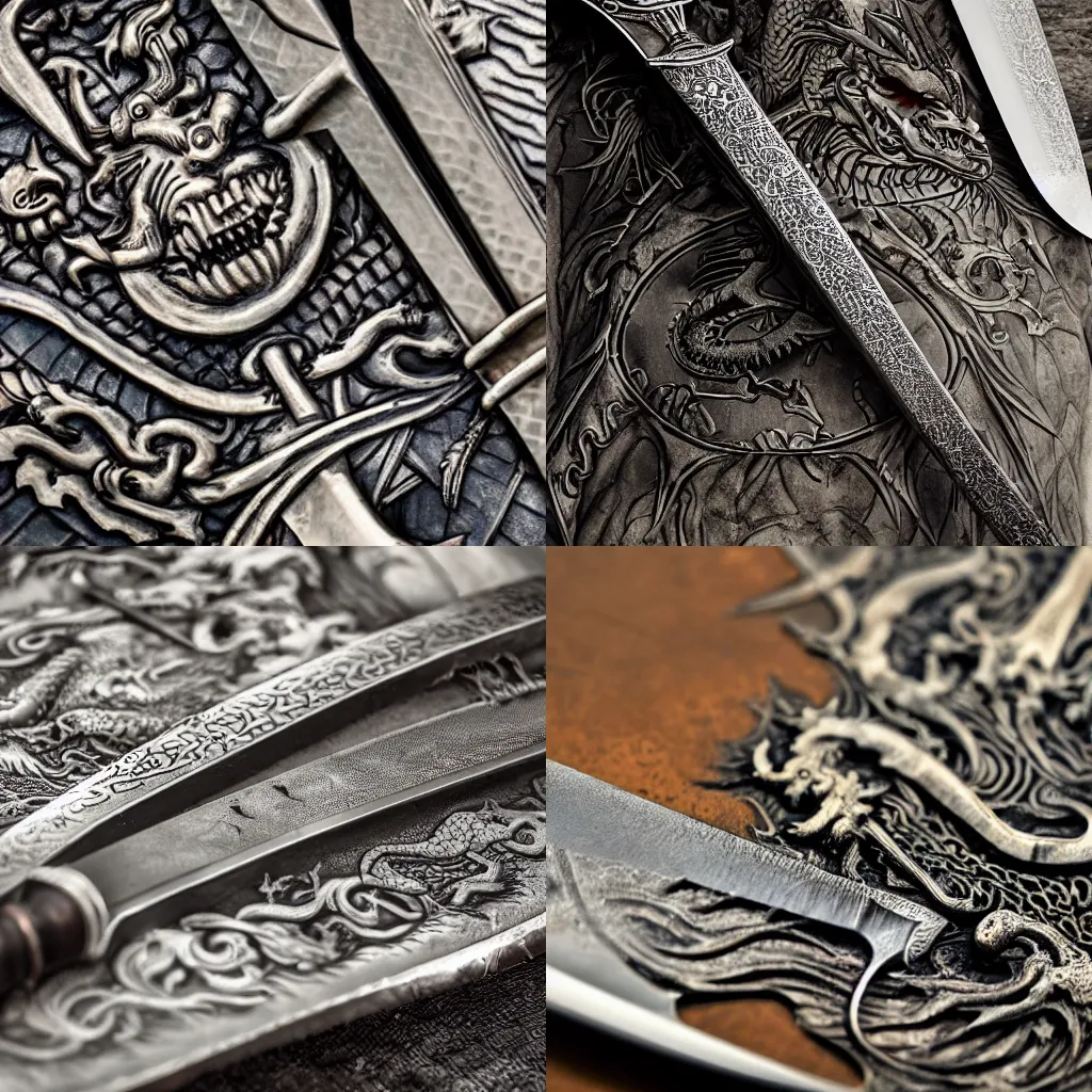 Prompt: close up view of a sword with dragon etching along the metal blade