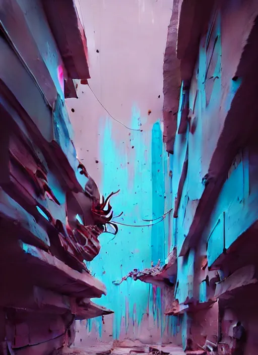 Image similar to matte painting extreme offset 3 d calligraphy graffiti mural dripping paint wall extreme maximalism by by atey ghailan, by greg rutkowski, by greg tocchini, by james gilliard, by joe fenton, by artur bordalo, pink, brown, black and light blue color scheme, octane render