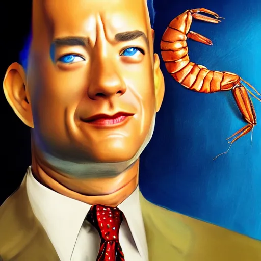 Image similar to Tom Hanks as forrest gump with giant shrimp heads instead of hands, digital art, photoreailstic, amazing detail