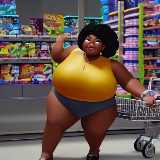 Image similar to high quality still of black bbw woman, 3d, in the style of pixar, comic book style, pushing cart in wal mart, highly detailed, 16k resolution, octane renderer, coherent