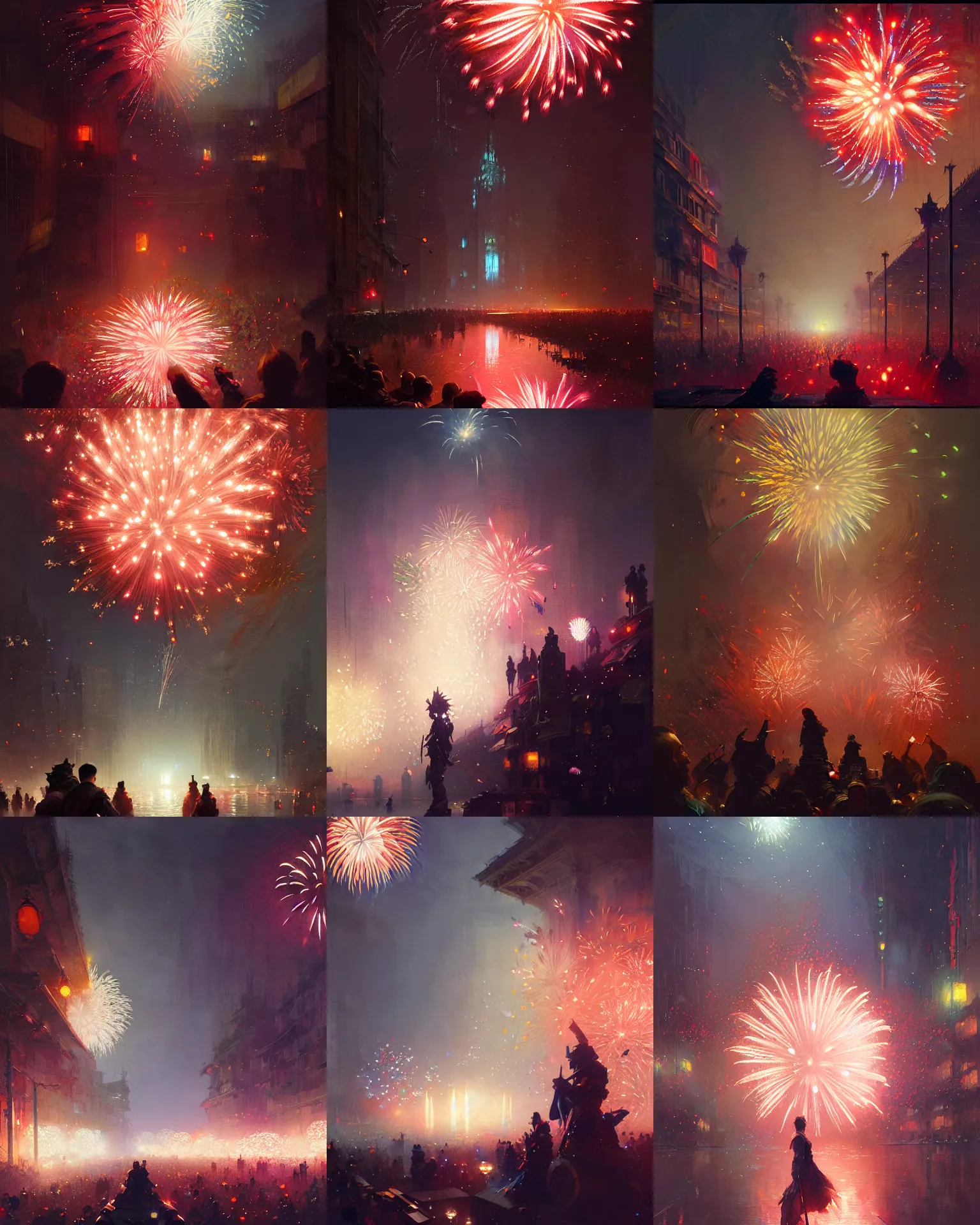 Prompt: fireworks, night festival, lens flare, bloom, intricate, sharp focus, illustration, highly detailed, digital painting, concept art, matte, art by ruan jia and wlop and greg rutkowski, masterpiece