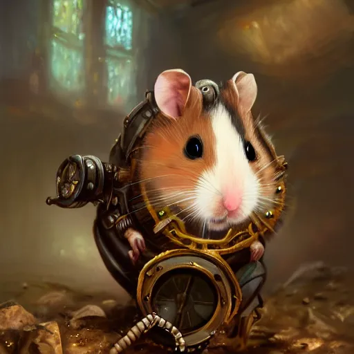 Image similar to oil painting of anthropomorphized hamster looking at shiny ruby, steampunk clothes, close shot, full body, dark steampunk mine shaft background, sharp focus, fantasy style, octane render, volumetric lighting, 8k high definition, by greg rutkowski, highly detailed, trending on art Station, dungeons and dragons artwork, centered