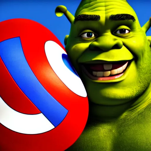 Image similar to digital painting of tiny super cute Shrek as Captain America in palms of someone's hands, octane render, volumetric lightening, by marvel