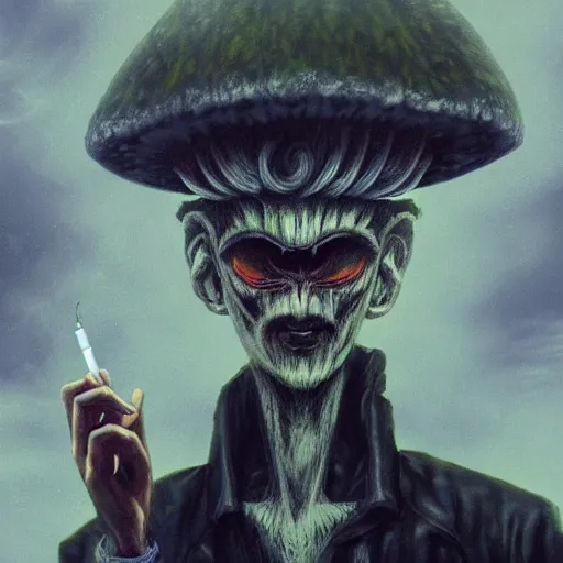 Image similar to 4 k headshot portrait of a psychedelic demonic anthropomorphic wendigo smoking a hand - rolled cigarette smoking heavily, magic mushroom village in background. award winning. superb resolution. in the art style of junji ito and greg rutkowski. detailed mushroom city in background. hyper realistic anime. perfect art. dalle 2