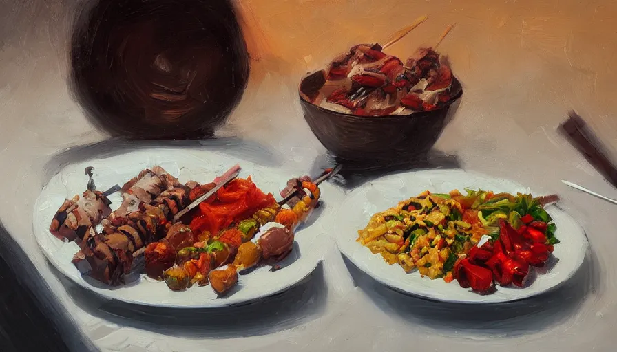 Image similar to kebab, oil painting by jama jurabaev, brush hard, artstation, for aaa game, high quality, brush stroke