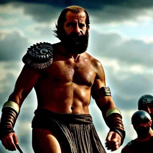 Image similar to cinematic action shot of joe biden as leonidas in 3 0 0 movie, 8 k, epic moody sky, dramatic lighting