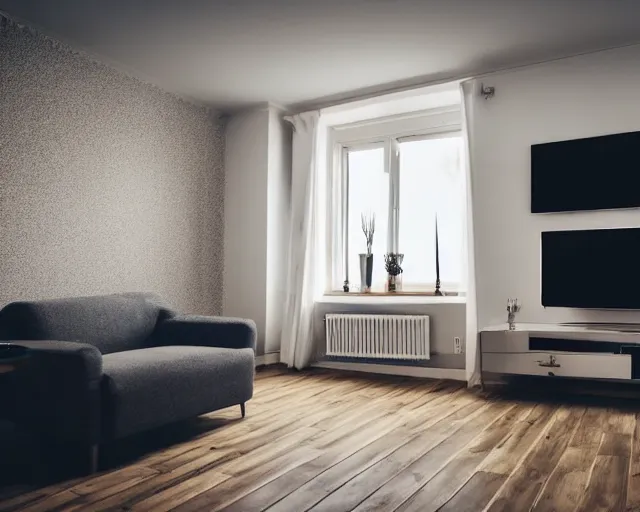 Image similar to Award winning photo of a living room with a TV of a flat abandoned 3 months ago, 4k, high quality