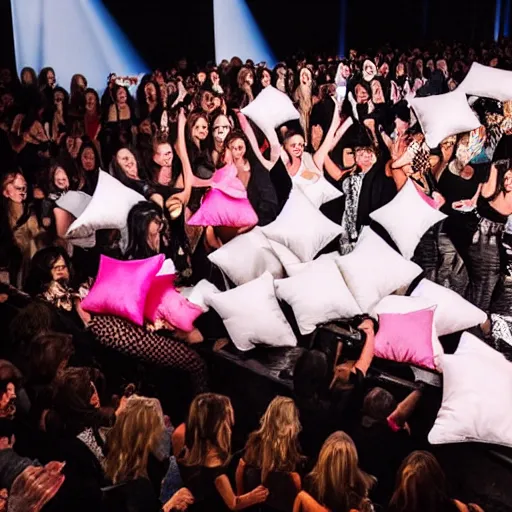 Image similar to a pillow fight during the Victoria’a Secret runway show, 8k, vogue magazine