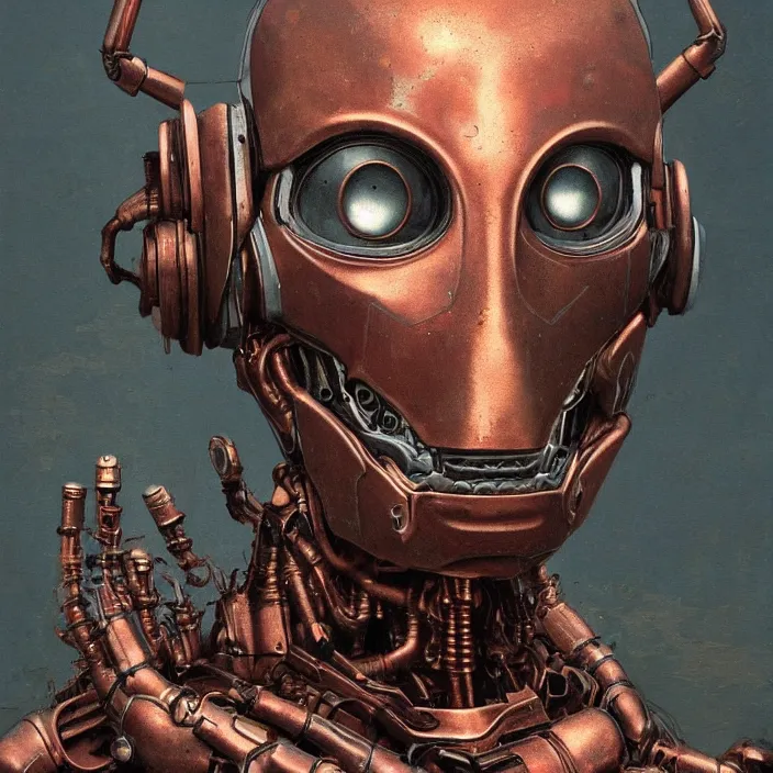 Prompt: portrait of a an oxidized copper Ultron from Age of Ultron, clockwork steampunk, only head and chest, by Beksinski and Michael Whelan, trending on artstation, 4k