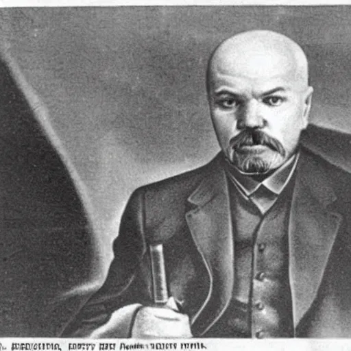 Prompt: old photo of lenin gets laser red beam eyes to destroy evil plans of burokratia