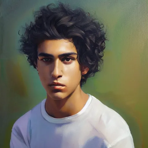 Image similar to oil painting by ilya kuvshinov, baugh casey, rhads, coby whitmore, of a youthful persian - indian college student, olive skin, high cheekbones, handsome, curly black hair, outdoors, highly detailed, breathtaking face, studio photography, dawn, intense subsurface scattering, blush, supple look, innocence, intense sunlight