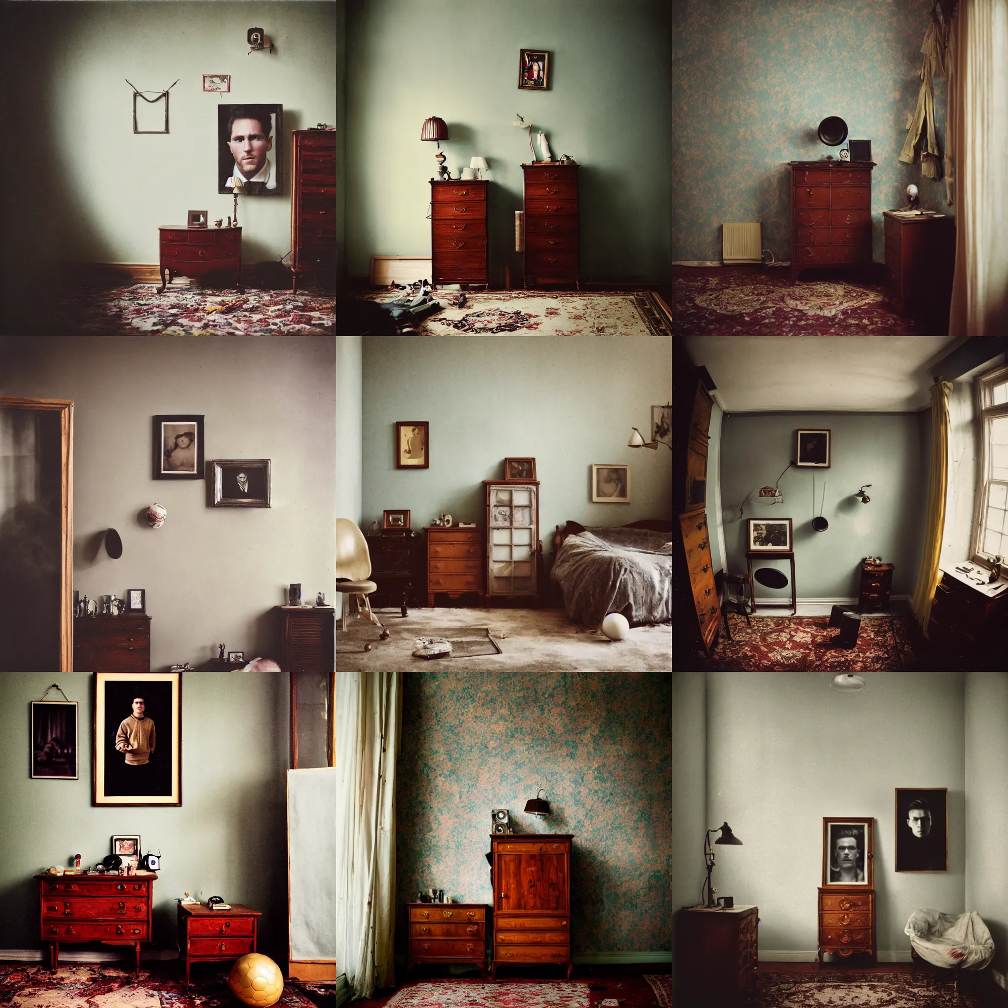 Prompt: kodak portra 4 0 0, wetplate, fisheye, award - winning portrait photo by britt marling, 1 9 2 0 s room, chaos, messi, picture frames, a cloud, dust, 1 9 2 0 s furniture, wallpaper, carpet, shining lamp, muted colours, wood, fog,