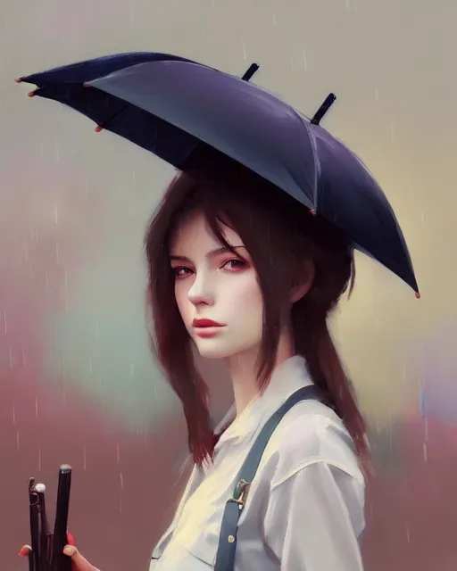 Image similar to A ultradetailed beautiful portrait panting of a stylish girl with an umbrella, rainy day, Oil painting, by Ilya Kuvshinov, Greg Rutkowski and Makoto Shinkai