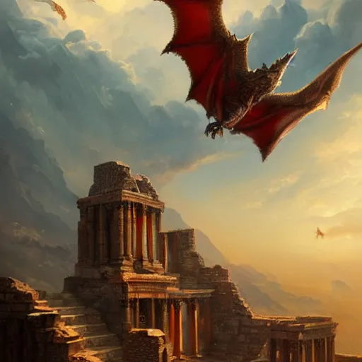 Image similar to Red dragons flying high above an ancient roman temple perching on top of a mountain rising out of a sea of clouds in a blue sky. Detailed art by Marc Simonetti, Greg Rutkowski, trending on artstation, fantasy