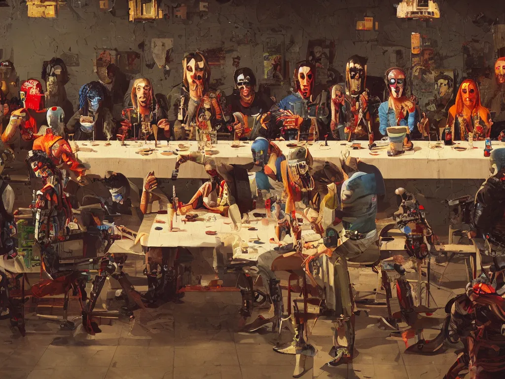 Image similar to the last supper with punks, criminals and robots in a painting from stalenhag, 4 k, 8 k, hdr, artstation, concept art