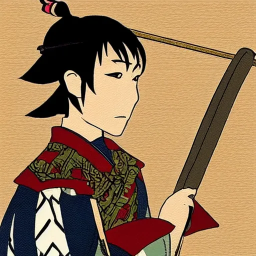 Prompt: a samurai holding a French baguette in his hand instead of a sword, anime style