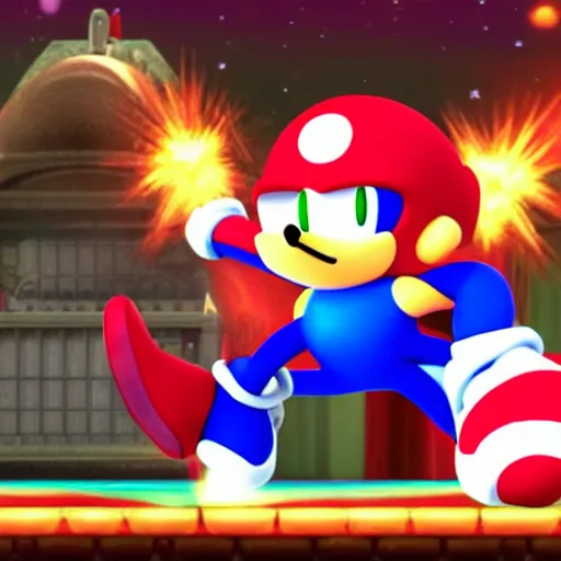 Image similar to Sonic fighting Kirby in super smash bros