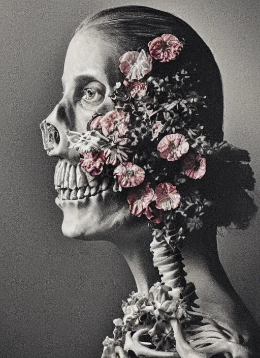 Image similar to a woman's face in profile, made of flowers skeleton, in the style of the Dutch masters and Gregory Crewdson, dark and moody