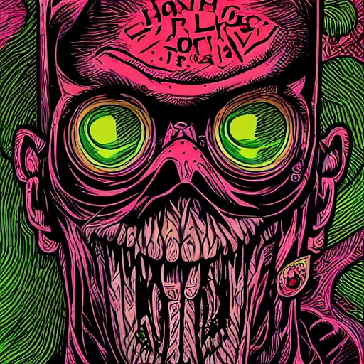 Image similar to head eating itself with long tongue and dark ink bombing from the eye, illustrated by Dan Mumford