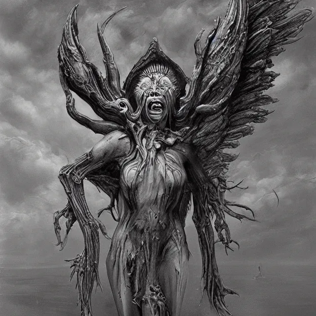 Image similar to concept art of a impossible big demonic eldritch angel with mismatched animal features with her bloody mouth open wide revealing past victims in the style of zdzisław beksinski in the style of h. r. giger trending on artstation deviantart pinterest furaffinity detailed realistic hd 8 k high resolution