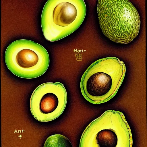 Image similar to anatomy of a avocado, da vinci notes, ultradetailed, anatomy study, artstation