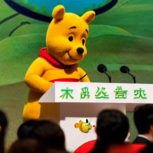 Prompt: Xi Jingping doing a speech dressed as Winnie the Pooh